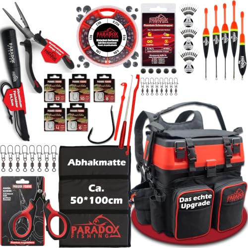 Paradox Fishing 3-in-1 Multifunktions-Sitzkiepe I Angelrucksack I Angeltasche Angelkoffer mit Sitz Angelkoffer- viel Platz für Angelzubehör (XXL Set schwarz/rot)