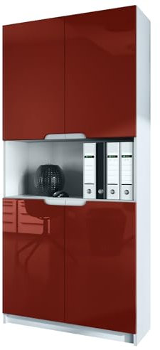 Vladon Büroschrank Logan V2, Made in Germany, Aktenschrank mit 5 Fächern und 4 Türen, Weiß matt/Bordeaux Hochglanz (82 x 184 x 37 cm)