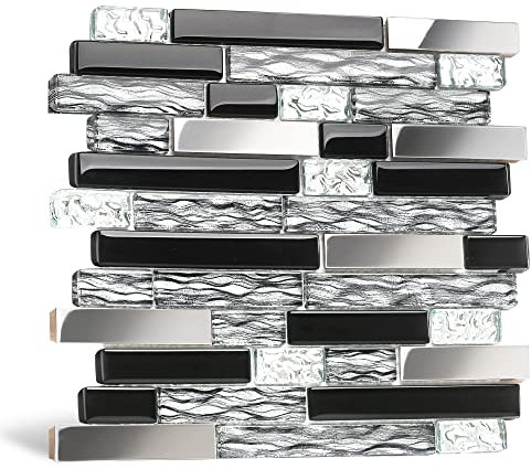 Blujellyfish TSTNB12 Wandbordüre aus Glas, Metall, Mosaik, Seide, Schwarz, Kristallglas, Chrom, Silber, Stahl, Akzent, Wandbordüre, Küche, Bad, Fliesenspiegel TSTNB12 (1,5 m²)