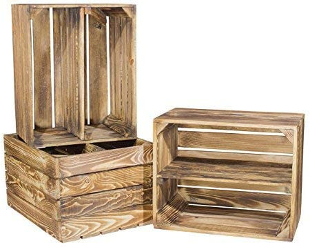 4er Set geflammte Kiste für Schuh- und Bücherregal - neue Obstkisten Holzkisten Apfelkisten Weinkisten Dekokisten mit Zwischenbrett - schönes Obstkistenregal mit flammbierter Optik 50x40x30cm