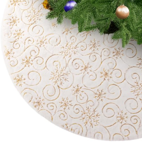KONVINIT Christmas Tree Skirt Faux Fur Thick White Xmas Tree Skirt with Gold Sequin Snowflake Tree Mat Christmas Tree Base Cover 90cm/35inch