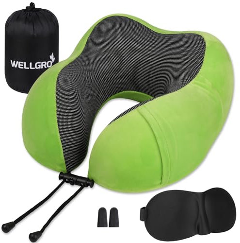 WELLGRO Nackenkissen Set mit 3D Schlafmaske und Ohrstöpsel - Abnehmbarer Bezug - Memory Schaum - Reißverschluss - inkl. Aufbewahrungstasche - Reisekissen - Farbe wählbar, Farbe:Grün