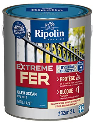 RIPOLIN - Peinture pour Fer Extérieur - Glycéro Antirouille - Sous-couche intégrée - Application directe sur Rouille - Résistante aux Intempéries, UV et Chocs - Brillant - 2L - Bleu Océan RAL 5017