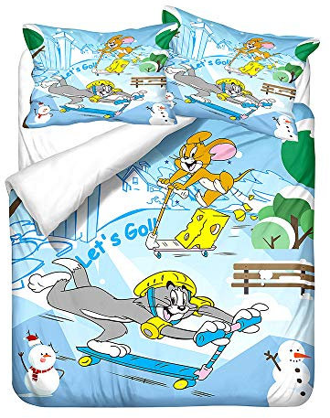 NICHIYO Tom and Jerry Bettwäsche-Set – Bettbezug und Kissenbezug, Mikrofaser, 3D-Digitaldruck, dreiteilige Bettwäsche (5, Einzelbett 135 x 200 cm)