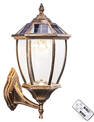 FREEDL Dimmbar Außen Wandleuchte Solar Antik, Vintage Außenwandlampe Wasserdichte Mit Fernbedienung Und Licht Sensor Led Solarleuchte, Retro Gartenleuchte Aluminium Dawn Automatische Ein/aus,Braun