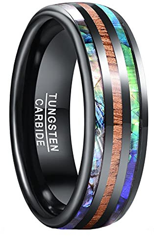 Vakki Herren Damen Partnerringe Holz mit Abalone Muschel 8mm Wolfram Ring Schwarz Verlobungsringe Ehering Größe 67.2(21.4)