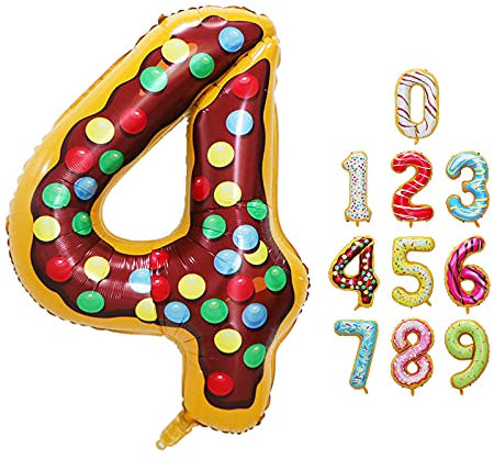 Luftballon Zahlen 4 Happy Birthday Party Deko, mit Donut Eis Motiv, Schweben mit Helium für Geburstagdeko Jubiläum, 40 Zoll 100cm aus Folie, Vivi Idee