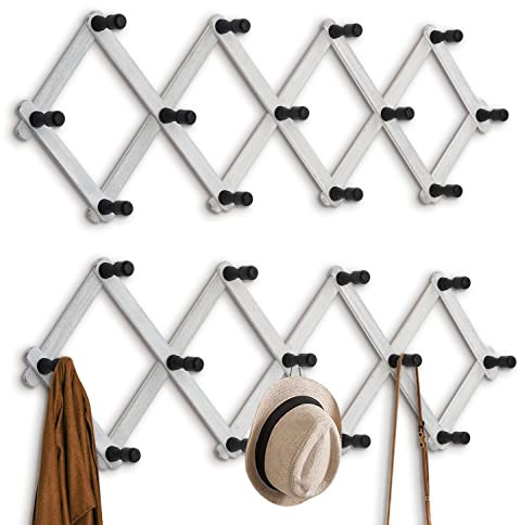 WGFKVAS Erweiterbare Garderobe, 2 Stück, Holz, Wandmontage, Huthaken, weiß, Akkordeon-Wandhaken, Haken für Schlüssel, Jacken, Geldbörsen, Handtücher, Kappen, Schals, Tasche