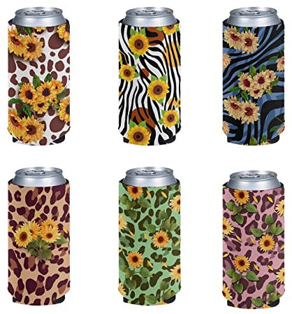 Pizding Easy Carry Beer Can Cooler Tall Holder Print Sunflowers Leopard Zebra Can Cooler Sleeves Blank Fits for 12 oz Cans Beer Beverage Bottle,6PCS
