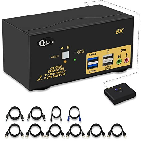 CKLau 2 Port USB 3.0 Triple Monitor KVM Switch HDMI 2.1 8K@60Hz 4K@144Hz with Audio Output and All Input Cable for 2 Computers 3 Monitors