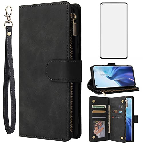 Asuwish Handyhülle für Xiaomi Mi 11 5G Hülle mit Folie Schutzfolie und Kartenfach Klappbar Leder Geldbörse Ständer Reißverschluss Mi11 M11 M2011K2G Wallet Handy Hüllen Schutzhülle Phone Case Schwarz