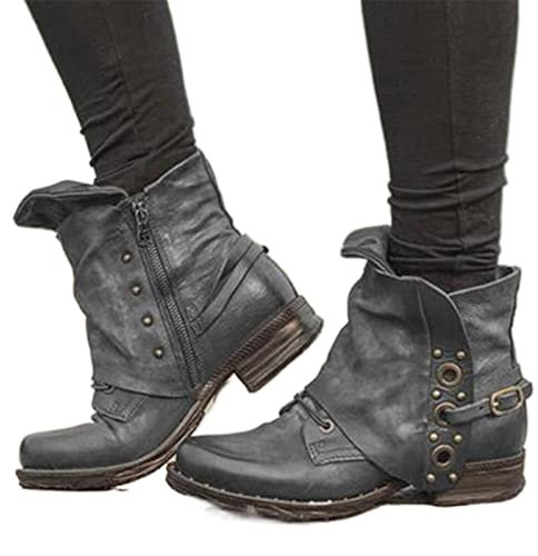 Stivali da lavoro vintage Boho for donna Stivali in pelle con borchie stringate con fibbia in metallo Avvolto Punta tonda larga Tacco grosso Tacchi bassi Stivaletti alla caviglia Rivetto boemo Inverno