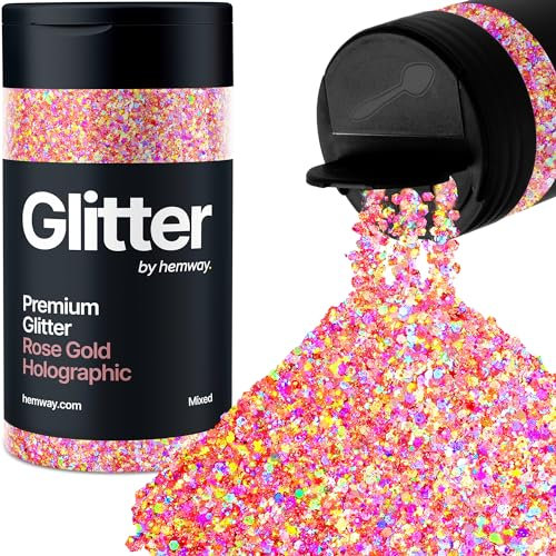 Hemway Premium Glitter Shaker - Rose Gold Holographic Mix | Mixed Size Metallic Flake Sequins for Resin & Epoxy Crafts | Craft Supplies for Tumblers, Festival, Hair, Face, Body & Nail Art | 105 g