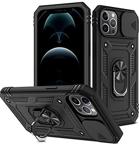 Whyzshiyi 12 Pro Max Hülle mit Kameraschutz Schiebedeckung, Militärischer Fallschutz Stoßfeste Schutzhülle Robuste Harte Cover mit Ringhalter Kompatibel mit iPhone 12 Pro Max 6.7 Zoll - Schwarz