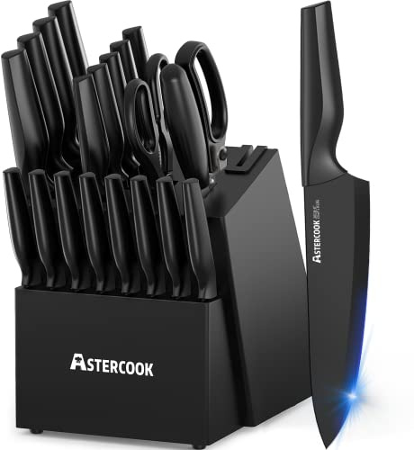 Knife Set, Astercook 21 Pieces Knife Sets for Kitchen with Block, Dishwasher Safe Kitchen Knife Set with Built-in Sharpener, German Stainless Steel Black Knife Block Set Mothers Day Gifts