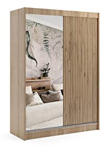ALTDECOR Kleiderschrank mit Spiegel und Schiebetüren, Führungsschienen und Aluminium-Leisten, LED-Beleuchtung und Fernbedienung - VILAN - 120 cm Sonoma Eiche + Lamelle Eiche Wotan + Spiegel