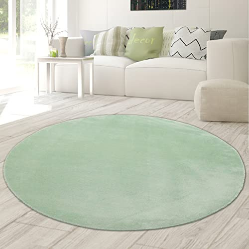 Teppich-Traum Moderner Teppich Rund Waschbar Einfarbig Grün Ø 160 cm | Weich und flauschig, bis 30 °C waschbar, pflegeleicht, rutschfest, formstabil, saugrobotergeeignet, Wohn- & Kinderzimmer