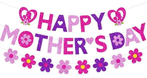Happy Mother's Day Banner, Glitzer Banner Dekoration für Muttertag, Muttertag Party Dekoration, Muttertag Party Supplies (Rosa/Rosenrot/Lila Floral Happy Mother's Day)