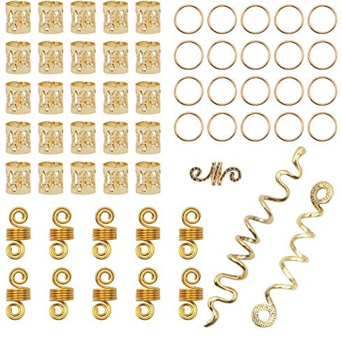 VEGCOO Dreadlocks Schmuck, 58 Stücke Haar Ringe Geflochtenes Zubehör, Metall Feder Haarschmuck, Spirale Haar Schmuck Dreadlocks Für Männer/Frauen Und Mädchen (Gold)