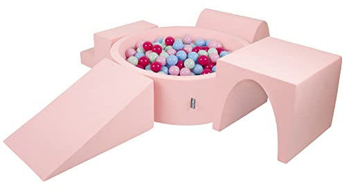 KiddyMoon Spielplatz Aus Schaumstoff Mit Rund Bällebad (300 Bälle) Ballgruben Für Babys Spielbad Hindernisläufen, Hergestellt In Der EU, Pink:Puderrosa/Dunkelpink/Babyblau/Minze