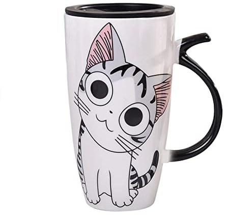 Tazas de Café con Diseño de Gato de 600 Ml con Asa, Taza de Cerámica con Tapa para la Mañana, Taza de Café con Leche de Té, Regalo de Cumpleaños Divertido para Niños, Mujeres, Hombres, Pareja, Regalo