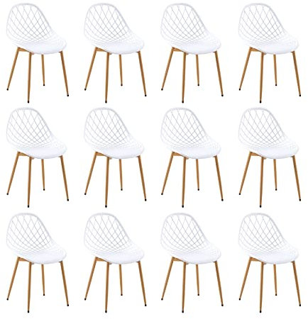 buybyroom Esszimmerstuhl 12er Set Esszimmer Stühle mit Rückenlehne Metallbeinen Wohnzimmerstuhl Schalenstuhl Gartenstühle, Weiß