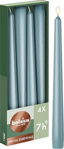 Bolsius Glatte Spitzkerzen - Metallic Blau - Set 4 Stück im Karton - 24,5 cm - Dekorative Haushaltkerzen - Brenndauer 7 Stunden - Unparfümierte - Natürliches Pflanzenwachs - Ohne Palmöl