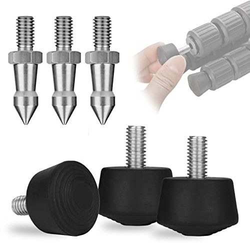 Rigych 6 PCS Rubber Tripod Foot Spike, 1/4”-20 Thread Anti-Slip with Stainless Tripod Feet Spikes for Uneven Ground, Monopod Replacement Part