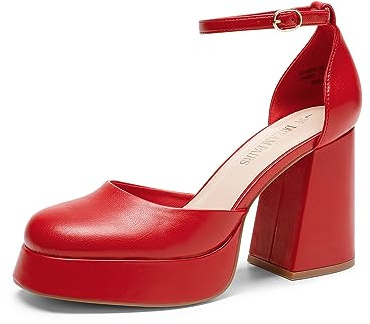 DREAM PAIRS Damen Blockabsatz Plateau High Heels Knöchelriemen Kleid Hochzeit Party Pumps Schuhe,Size 38,Rot-Pu,SDPU2372W