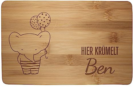 wandmotiv24 Personalisiertes Frühstücksbrettchen, 22x14 cm, Hier krümelt, Elefant, Luftballons, Name, Holz, Schneidebrett, Geschenke M0848