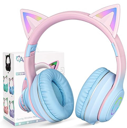 AXFEE Kopfhörer Kinder, Kinderkopfhörer Bluetooth, Mädchen Katzenohr Kopfhörer Over-Ear mit LED-licht Faltbare Stereo Kopfhörer Kabellose, Kopfhörer Kinder mit Mikrofon,Micro SD/TF für Handy/Tablet/PC