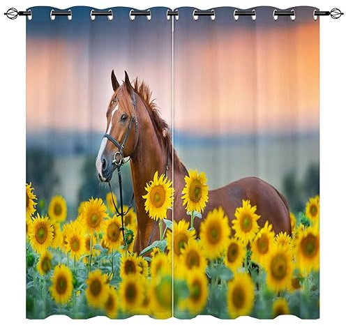 YUANZU Pferd Vorhänge Wildtiere Tier Gelbe Sonnenblume Szene Ösen Gardinen mit Blickdichte Vorhang Kälteschutz Blackout Curtain Wohnzimmer Schlafzimmer Verdunkelung Fenster, 2 Stück, H 245 x B 200 cm