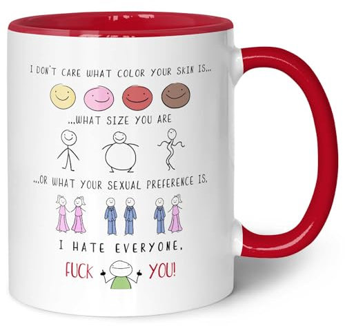 Bedruckte Tasse mit Spruch - I hate everyone - Lustige Spaßtasse als Scherzgeschenk - Geschenk für Freunde Kollegen & Familie für Büro Arbeit Alltag - für Sie & Ihn - Farbe: Rot