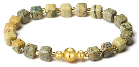 MetJakt Handgemachtes Stretch Armband mit 6MM Echtes Naturstein Würfel Design und 18k Vergoldete Kugel Edelstein Perlenarmband für Damen und Herren (Wüsten-Oasen-Jaspis -Vergoldet)