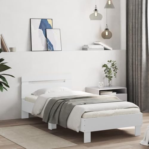 vidaXL Bettgestell, Bettrahmen mit Lattenrost, Bett Gästebett mit Kopfteil LED-Leuchten, Einzelbett Schlafzimmerbett Schlafzimmermöbel, Weiß 90x190cm