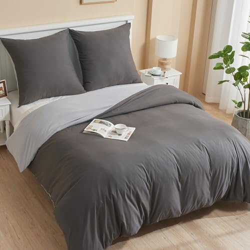 ohano Bettwäsche 155x220 3 Teilig Bettbezug Bettwäsche-Sets,Mikrofaser Bettbezug 155x220 cm + 1 Kissenbezug 80x80 cm mit Reißverschlus,kuschelig weich,Ganzjahres Bettwäsche-Sets-Anthrazit/Hellgrau