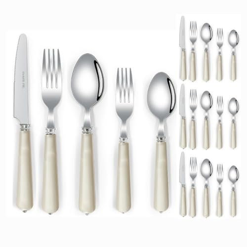 Royal Shang Youpin ABS Perle Poignée Cuisine Acier Inoxydable Argenterie Vaisselle Couverts Ensemble De Couverts Couteau À Steak Fourchette Cuillère Cuillère À Café Ustensiles (Beige,20 pièces)