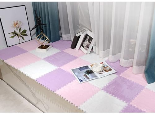 150 Stück – 144 Quadratmeter Große Plüsch-Puzzle-Schaumstoff-Bodenmatte, Ineinandergreifende Teppichfliesen, Quadratische Spielmatte, Spielzimmer, Wohnzimmer(Size:0.39 inch,Color:Rosa+Lila+Weiß)