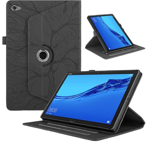 TEDTIKJT Tablet Cover Compatible con Huawei MediaPad M5 Lite 10.1 Pulgadas 2018 Funda PU Cuero Protectora 360 Giratoria Soporte Flip Cover Huawei MediaPad M5 Lite Tablet Carcasa, Negro Árboles