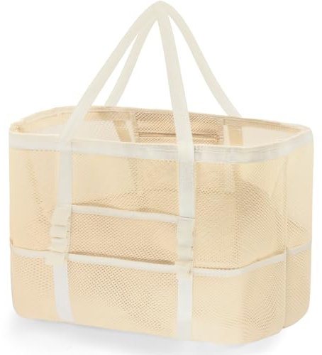 REETEE Strandtasche XXL Familie Badetasche Groß Strandtasche, Mesh Beach Bag Shopper Faltbare Reisetasche Beach Tote Bag, Extra Groß Badetasche Damen für Reisen Einkaufen und Alltag (Beige)