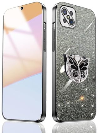 GOGME Glänzend Hülle für Oppo Reno 4Z 5G (Reno4 Z), Galvanisierter Rahmen TPU Handyhülle Stoßfest Anti-Scratch Schutzhülle Mit Schmetterlingsständer. Schwarz