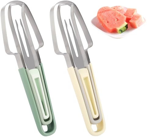Coupe Pastèque 2 Pièces Couteau Pasteque, Coupe Fruits 3 en 1 en Acier Inoxydable, Coupe Pasteque et Melon, Trancheuse de fourche de melon d'eau pour Maison, Cuisine, Camping