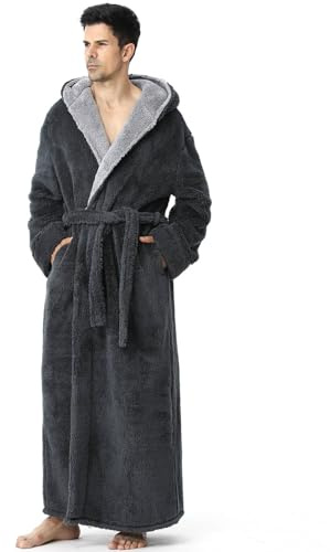 PUTUO Men's Robe Dressing Gown: Long Luxury Warm Winter Fluffy Fleece Hooded Bath Robe - Floor Length Cosy Soft Thick Thermal Winter House Coat for Christmas Gifts Gray M 1 Pack