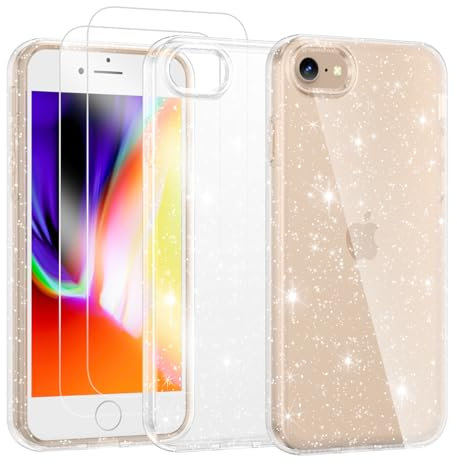 Noyabox für iPhone 7/8/SE2020/2022 Transparent Glitzer Hülle mit 2 Panzergläsern, Handyhülle Silikon Funkelnd Weich Leicht Kratzerfest TPU Case, Durchsichtig