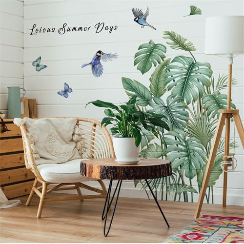 Tropical Wall Decals Palm Leaf Wall Stickers for Living Room, Green Plants Wall Decor Posters Vinyl Peel and Stick Art Murals for Bedroom Living Room Sofa TV Background Wall Art Decor