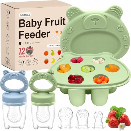 Ciuccio Frutta Neonati - Set di mangiatoie per frutta per bambini, include 2 mangiatoie per alimenti per bambini con tettarelle di 3 dimensioni, mangiatoia per frutta in silicone per bambini