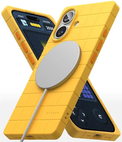 Ringke Bitmap Silicone Magnetic [Compatible with MagSafe] for iPhone 16 Case, Embossed Cube Design Anti-Slip Soft Feel Lightweight Shockproof Phone Cover for Magnetic Charger/Accessories - Yellow