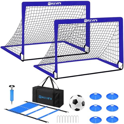 MAXVINI Fussballtore für Garten Kinder, 182x120x120cm Fußballtor mit Glasfaserstangen Indoor/Outdoor Tornetzen Faltbares Pop-Up Set inkl. 6 Hütchen, Fußball, Trainingsleiter, Ballpumpe, Tragetasche