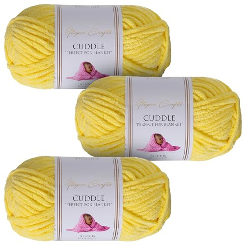 Utopia Crafts Cuddle Super Chunky Chenille Garn Zitronengelb, 100 g Knäuel, 60 m, Flauschiges, Dickes Strickgarn Häkelgarn, Maschinenwäsche, Stricken Häkeln für Anfänger, Wollalternative, 3er-Pack
