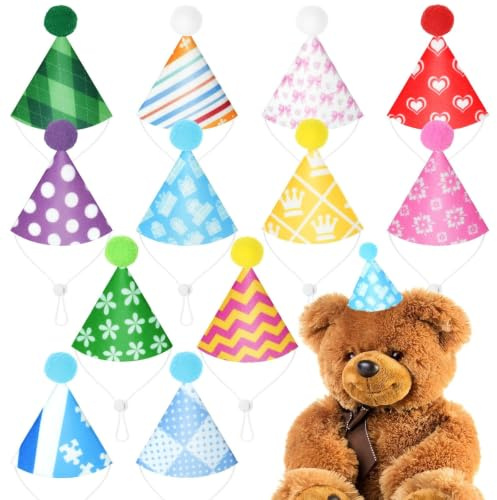 Draupnir 12 Stück Mini Partyhüte Geburtstag Set,Bunte Partyhüte Verstellbarer Kegelhut aus Filz mit Pompons für Kuscheltiere,Hunde, Katzen,Geburtstagspartys,Keine Montage,Ø 7.5 cm